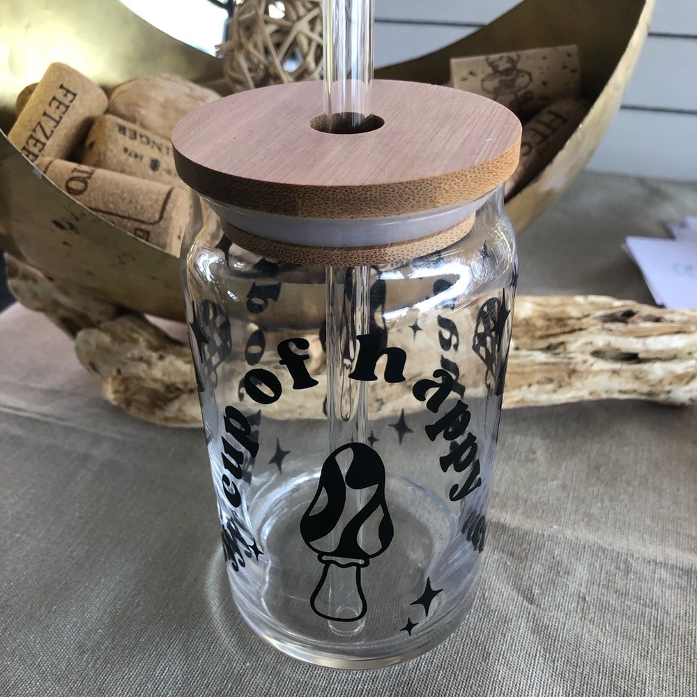 Cup of Happy Iced Coffee Glass, Beer Can Glass, Libbey 16 oz